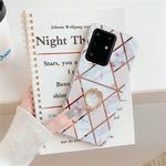 For Galaxy A51 Plating Colorful Geometric Pattern Mosaic Marble TPU Mobile Phone Case Rhinestone Stand Ring(White PR3)