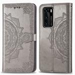 For Huawei P40 Halfway Mandala Embossing Pattern Horizontal Flip Leather Case , with Holder & Card Slots & Wallet & Photo Frame & Lanyard(Gray)