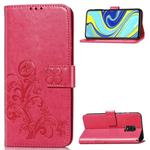 For Xiaomi Redmi Note 9S / Note 9 Pro/  Note 9 Pro Max Four-leaf Clasp Embossed Buckle PU Leather Case with Lanyard & Card Slot & Wallet & Holder(Magenta)