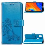 For Huawei Y6s (2019) Four-leaf Clasp Embossed Buckle PU Leather Case with Lanyard & Card Slot & Wallet & Holder(Blue)