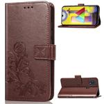 For Galaxy M31 Four-leaf Clasp Embossed Buckle Mobile Phone Protection Leather Case with Lanyard & Card Slot & Wallet & Bracket Function(Brown)