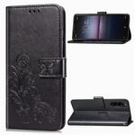 For Sony Xperia 1 II Four-leaf Clasp Embossed Buckle PU Leather Case with Lanyard & Card Slot & Wallet & Holder(Black)