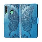 For Huawei Y7P Butterfly Love Flower Embossed Horizontal Flip Leather Case with Bracket / Card Slot / Wallet / Lanyard(Blue)