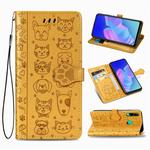 For Huawei Y7P Cute Cat and Dog Embossed Horizontal Flip Leather Case with Bracket / Card Slot / Wallet / Lanyard(Yellow)