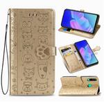 For Huawei Y7P Cute Cat and Dog Embossed Horizontal Flip Leather Case with Bracket / Card Slot / Wallet / Lanyard(Gold)