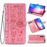 For Xiaomi 9 Se Cute Cat and Dog Embossed Horizontal Flip Leather Case with Bracket / Card Slot / Wallet / Lanyard(Pink)