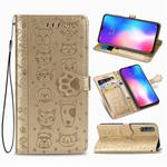 For Xiaomi 9 Se Cute Cat and Dog Embossed Horizontal Flip Leather Case with Bracket / Card Slot / Wallet / Lanyard(Gold)