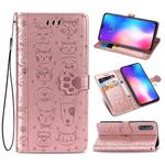 For Xiaomi 9 Se Cute Cat and Dog Embossed Horizontal Flip Leather Case with Bracket / Card Slot / Wallet / Lanyard(Rose Gold)