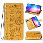 For Xiaomi 9 Cute Cat and Dog Embossed Horizontal Flip Leather Case with Bracket / Card Slot / Wallet / Lanyard(Yellow)