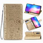 For Xiaomi 9 Cute Cat and Dog Embossed Horizontal Flip Leather Case with Bracket / Card Slot / Wallet / Lanyard(Gold)
