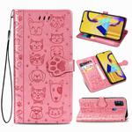 For Galaxy M30S Cute Cat and Dog Embossed Horizontal Flip Leather Case with Bracket / Card Slot / Wallet / Lanyard(Pink)