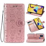 For Galaxy M30S Cute Cat and Dog Embossed Horizontal Flip Leather Case with Bracket / Card Slot / Wallet / Lanyard(Rose Gold)