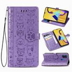 For Galaxy M30S Cute Cat and Dog Embossed Horizontal Flip Leather Case with Bracket / Card Slot / Wallet / Lanyard(Purple)