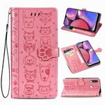 For Galaxy A20S Cute Cat and Dog Embossed Horizontal Flip Leather Case with Bracket / Card Slot / Wallet / Lanyard(Pink)