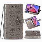 For Galaxy A20S Cute Cat and Dog Embossed Horizontal Flip Leather Case with Bracket / Card Slot / Wallet / Lanyard(Gray)