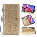 For Galaxy A20S Cute Cat and Dog Embossed Horizontal Flip Leather Case with Bracket / Card Slot / Wallet / Lanyard(Gold)