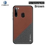 For Galaxy A21 PINWUYO Rong Series  Shockproof PC + TPU+ Chemical Fiber Cloth Protective Cover(Brown)