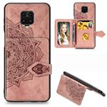 For Xiaomi Redmi Note 9S/Note 9 Pro/Note 9 Pro Max Mandala Embossed Magnetic Cloth PU + TPU + PC Case with Holder & Card Slots & Wallet & Photo Frame & Strap(Rose Gold)