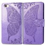 For iPhone SE 2022 / SE 2020 Butterfly Love Flower Embossed Horizontal Flip Leather Case with Bracket / Card Slot / Wallet / Lanyard(Light Purple)
