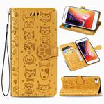 For iPhone SE 2022 / SE 2020 Cute Cat and Dog Embossed Horizontal Flip Leather Case with Bracket / Card Slot / Wallet / Lanyard(Yellow)