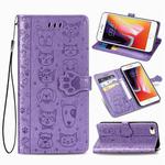 For iPhone SE 2022 / SE 2020 Cute Cat and Dog Embossed Horizontal Flip Leather Case with Bracket / Card Slot / Wallet / Lanyard(Purple)