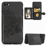 For iPhone SE 2022 / SE 2020 Mandala Embossed Magnetic Cloth PU + TPU + PC Case with Holder & Card Slots & Wallet & Photo Frame & Strap(Black)