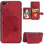 For iPhone SE 2022 / SE 2020 Mandala Embossed Magnetic Cloth PU + TPU + PC Case with Holder & Card Slots & Wallet & Photo Frame & Strap(Red)