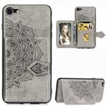 For iPhone SE 2022 / SE 2020 Mandala Embossed Magnetic Cloth PU + TPU + PC Case with Holder & Card Slots & Wallet & Photo Frame & Strap(Gray)