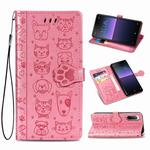 For Sony Xperia 10 II Cute Cat and Dog Embossed Horizontal Flip Leather Case with Bracket / Card Slot / Wallet / Lanyard(Pink)