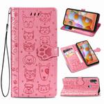 For Galaxy M11 Cute Cat and Dog Embossed Horizontal Flip Leather Case with Bracket / Card Slot / Wallet / Lanyard(Pink)