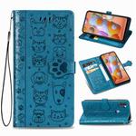 For Galaxy M11 Cute Cat and Dog Embossed Horizontal Flip Leather Case with Bracket / Card Slot / Wallet / Lanyard(Blue)