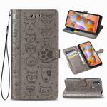 For Galaxy A11 Cute Cat and Dog Embossed Horizontal Flip Leather Case with Bracket / Card Slot / Wallet / Lanyard(Gray)