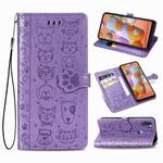 For Galaxy A11 Cute Cat and Dog Embossed Horizontal Flip Leather Case with Bracket / Card Slot / Wallet / Lanyard(Purple)