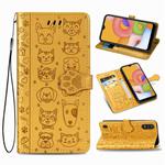 For Galaxy A01 Cute Cat and Dog Embossed Horizontal Flip Leather Case with Bracket / Card Slot / Wallet / Lanyard(Yellow)