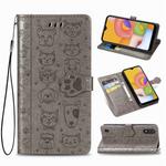 For Galaxy A01 Cute Cat and Dog Embossed Horizontal Flip Leather Case with Bracket / Card Slot / Wallet / Lanyard(Gray)