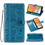 For Galaxy A01 Cute Cat and Dog Embossed Horizontal Flip Leather Case with Bracket / Card Slot / Wallet / Lanyard(Blue)