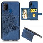 For Galaxy M31 Mandala Embossed Magnetic Cloth PU + TPU + PC Case with Holder & Card Slots & Wallet & Photo Frame & Strap(Blue)