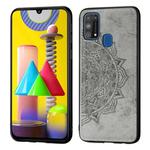 For Galaxy M31  Mandala Embossed Cloth Cover PC + TPU Mobile Phone Case with Magnetic Function and Hand Strap(Gray)