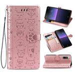 For  Sony Xperia 1 II Cute Cat and Dog Embossed Horizontal Flip Leather Case with Bracket / Card Slot / Wallet / Lanyard(Rose Gold)