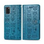 For Galaxy A41 Cute Cat and Dog Embossed Horizontal Flip Leather Case with Bracket / Card Slot / Wallet / Lanyard(Blue)