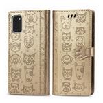 For Galaxy A41 Cute Cat and Dog Embossed Horizontal Flip Leather Case with Bracket / Card Slot / Wallet / Lanyard(Gold)