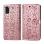 For Galaxy A41 Cute Cat and Dog Embossed Horizontal Flip Leather Case with Bracket / Card Slot / Wallet / Lanyard(Rose Gold)