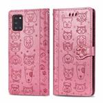 For Galaxy A31 Cute Cat and Dog Embossed Horizontal Flip Leather Case with Bracket / Card Slot / Wallet / Lanyard(Pink)