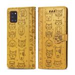 For Galaxy A31 Cute Cat and Dog Embossed Horizontal Flip Leather Case with Bracket / Card Slot / Wallet / Lanyard(Yellow)