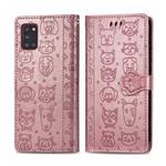 For Galaxy A31 Cute Cat and Dog Embossed Horizontal Flip Leather Case with Bracket / Card Slot / Wallet / Lanyard(Rose Gold)