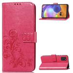 For Galaxy A31 Four-leaf Clasp Embossed Buckle Mobile Phone Protection Leather Case with Lanyard & Card Slot & Wallet & Bracket Function(Magenta)