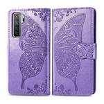 For Huawei Nova 7 SE/P40 Lite 5G Butterfly Love Flower Embossed Horizontal Flip Leather Case with Bracket / Card Slot / Wallet / Lanyard(Light Purple)