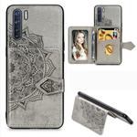 For OPPO A91/F15/Reno 3 Mandala Embossed Magnetic Cloth PU + TPU + PC Case with Holder & Card Slots & Wallet & Photo Frame & Strap(Gray)