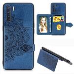 For OPPO A91/F15/Reno 3 Mandala Embossed Magnetic Cloth PU + TPU + PC Case with Holder & Card Slots & Wallet & Photo Frame & Strap(Blue)