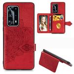 For Huawei P40 Pro+ Mandala Embossed Magnetic Cloth PU + TPU + PC Case with Holder & Card Slots & Wallet & Photo Frame & Strap(Red)